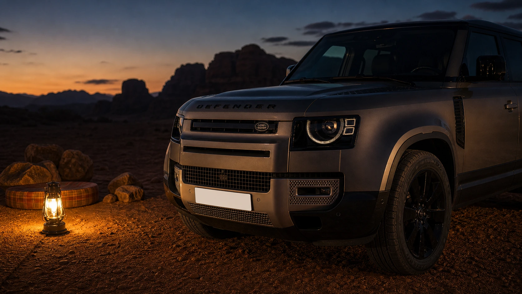 2024 Land Rover Defender 110 in Wadi Rum after sunset