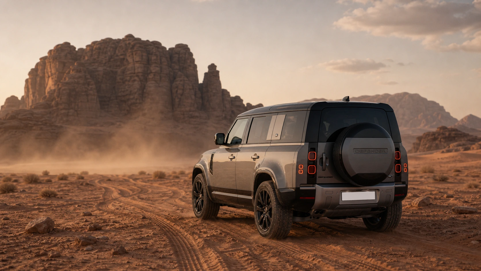 2024 Land Rover Defender 110 leaving tracks in Wadi Rum