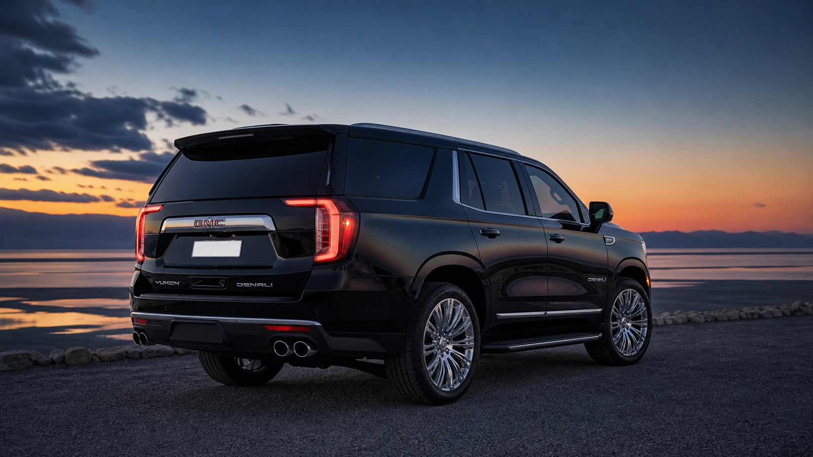 2023 GMC Yukon Denali on the Dead Sea road at blue hour
