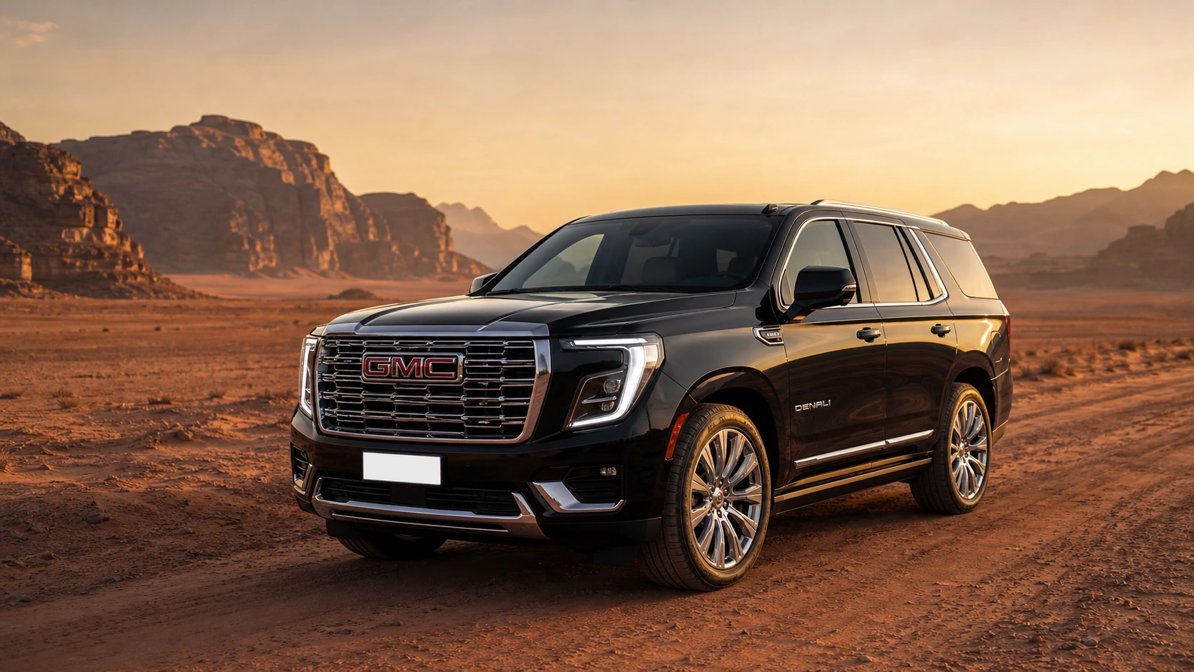 2023 GMC Yukon Denali in Wadi Rum at sunrise